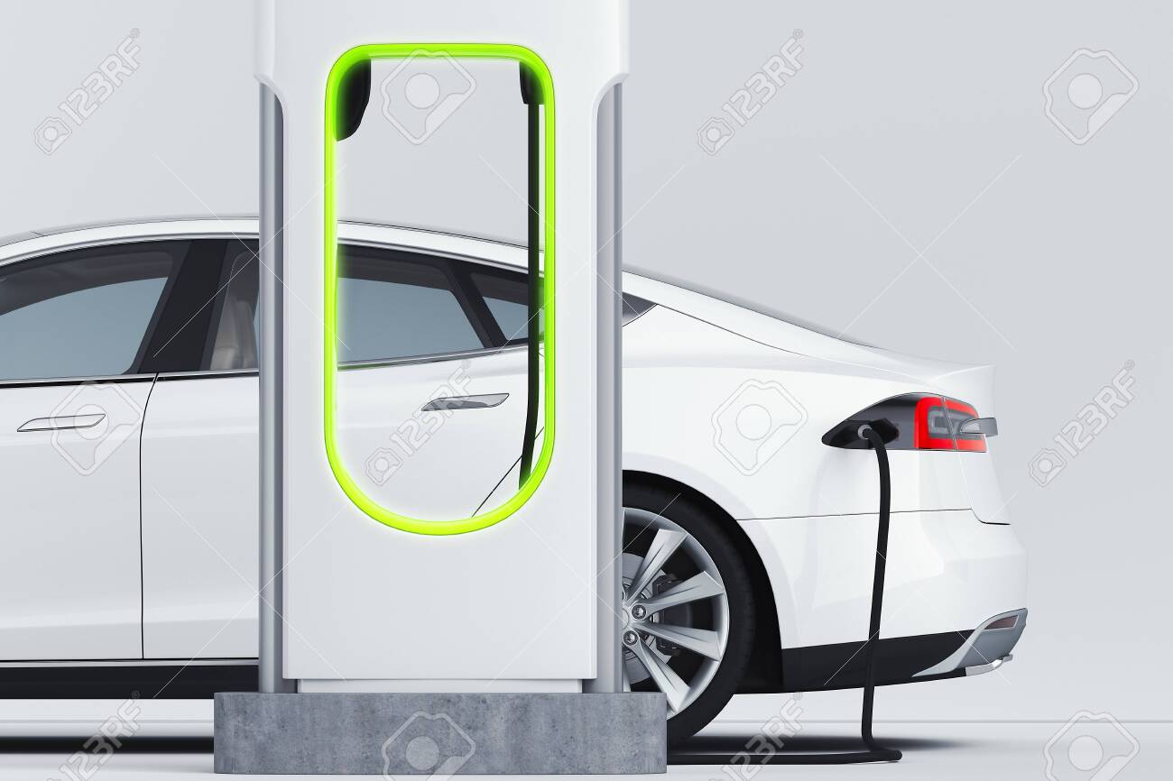 Electric white modern car near Electric car charging station. 3d rendering. - 126080784 Electric white modern car near Electric car charging station. 3d rendering. - 126080784