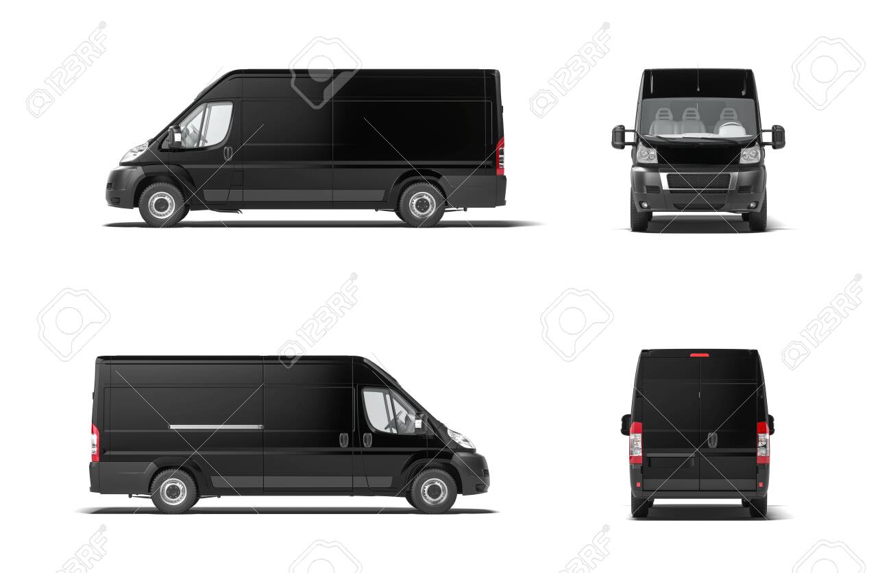 Modern black delivery truck van on white background. 3d rendering. Side view. - 134446212 Modern black delivery truck van on white background. 3d rendering. Side view. - 134446212