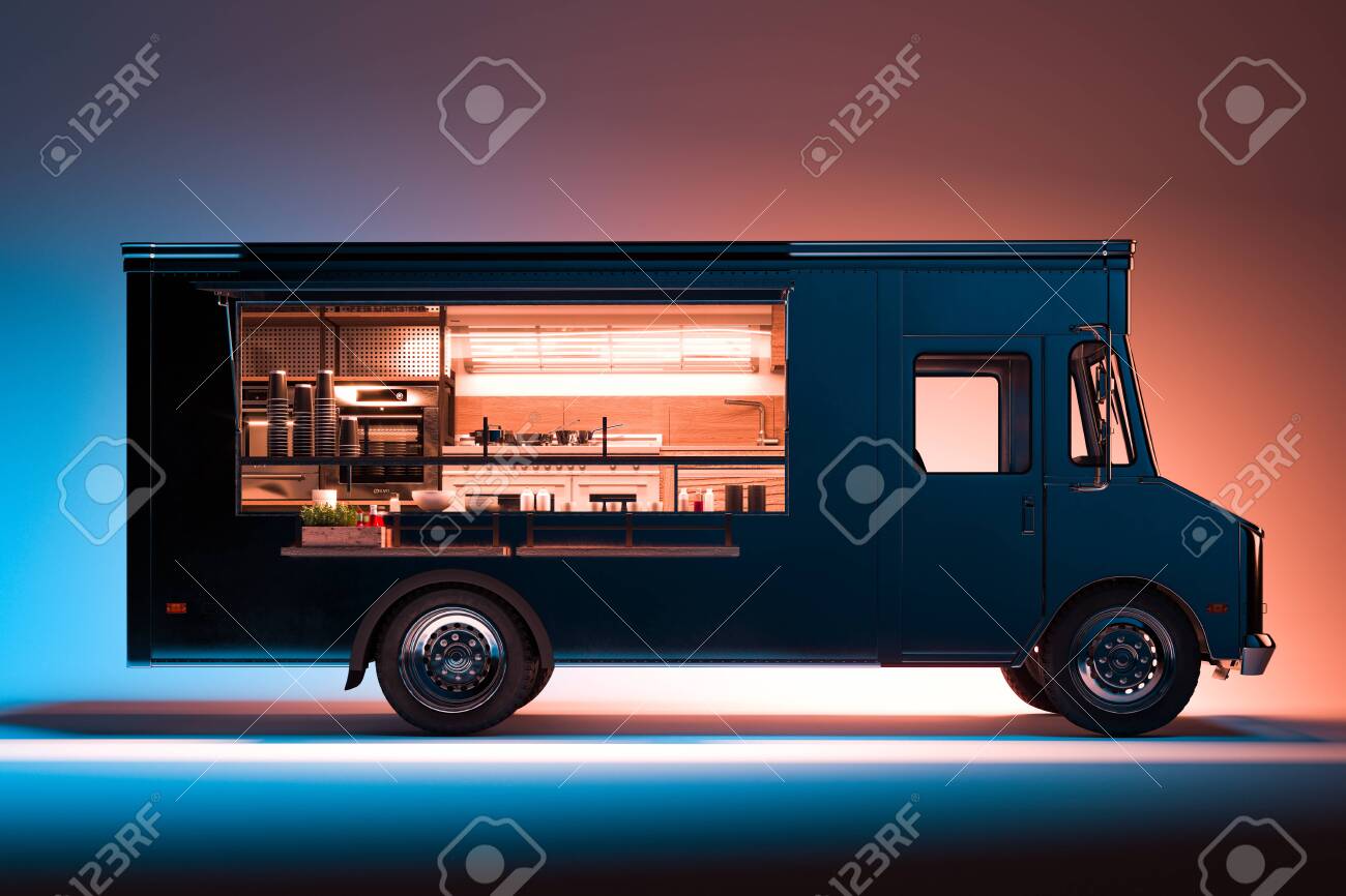 Download Side View Of Black Food Truck With Detailed Interior Isolated Stock Photo Picture And Royalty Free Image Image 142605482
