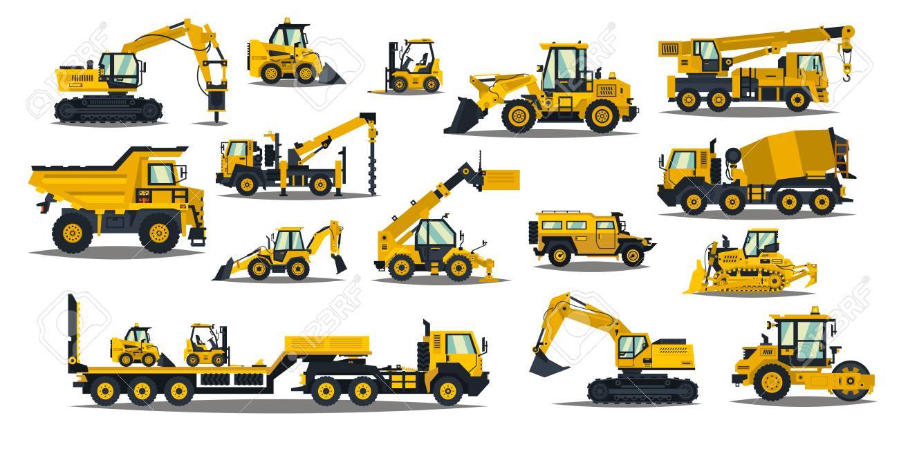 Een grote set bouwmachines in het geel. speciale machines voor het bouwen. heftrucks, kranen, graafmachines, tractoren, bulldozers, vrachtwagens, auto's, betonmixer, aanhangwagen. vector illustratie - 125135225 Een grote set bouwmachines in het geel. speciale machines voor het bouwen. heftrucks, kranen, graafmachines, tractoren, bulldozers, vrachtwagens, auto's, betonmixer, aanhangwagen. vector illustratie - 125135225