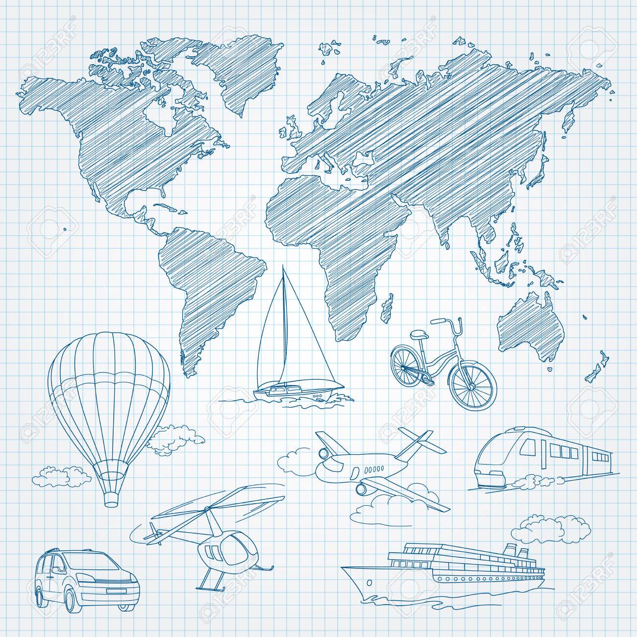 旅行交通機関や世界地図ライン スケッチ ページのメモ帳のイラストをのイラスト素材 ベクタ Image