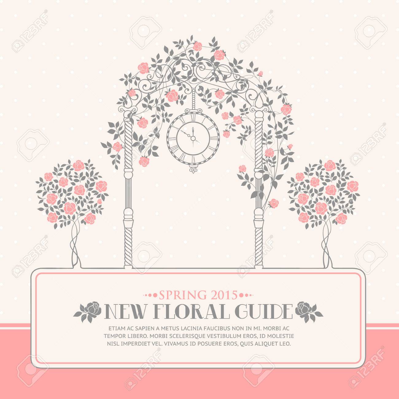 rose garden with trees and arch flowers text template plase