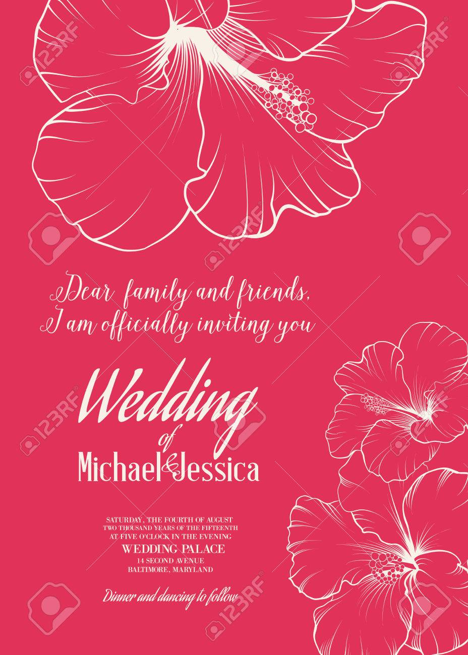 Modèle Dinvitation De Mariage Avec Des Noms Michael Et Jessica Avec Des Fleurs Exotiques Vector Illustration