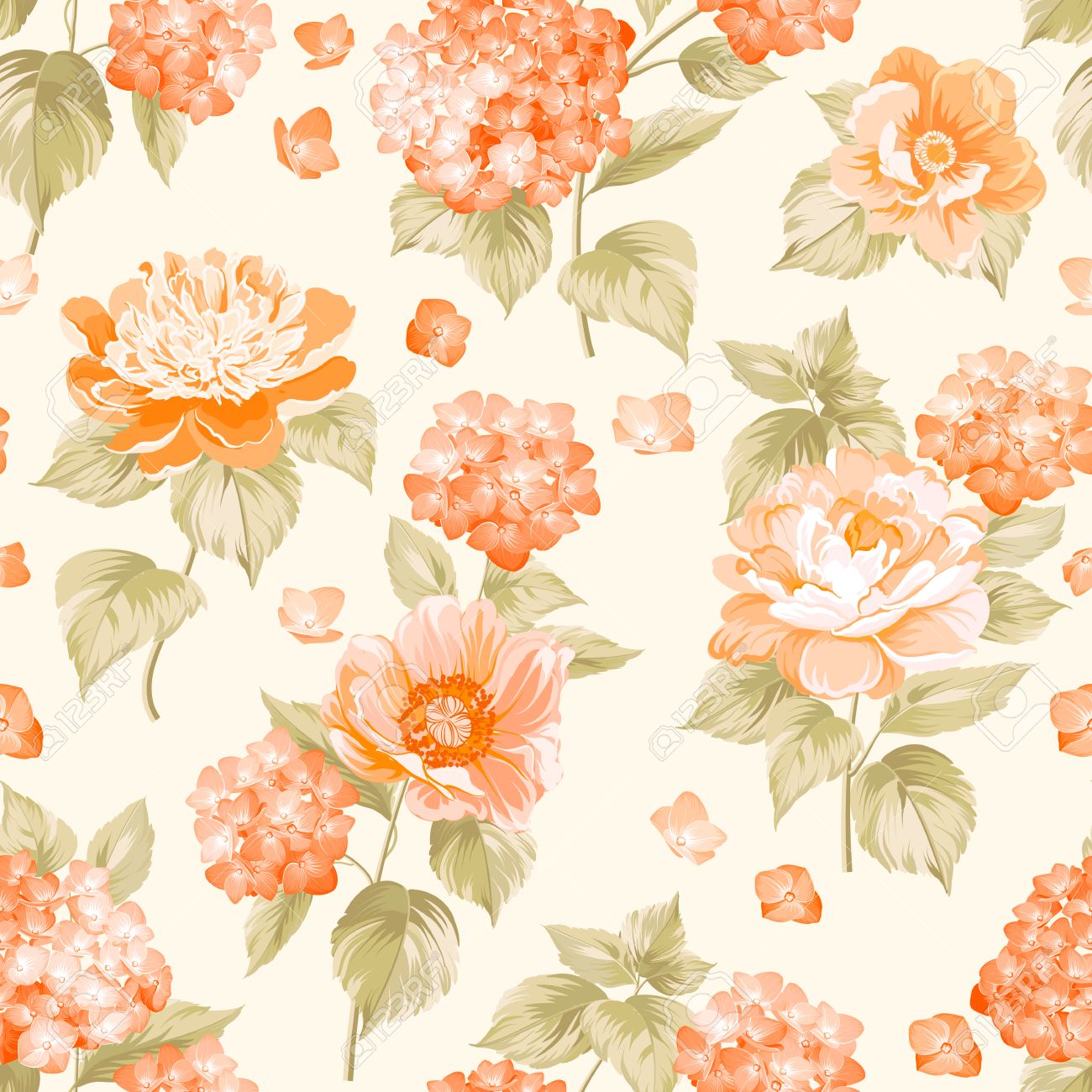 The Floral Seamless Pattern Over Light Background Flower Pattern Of Orange Hydrangea Flowers Over White Background Seamless Texture Orange Flowers Vector Illustration Stock Photo Picture And Royalty Free Image Image