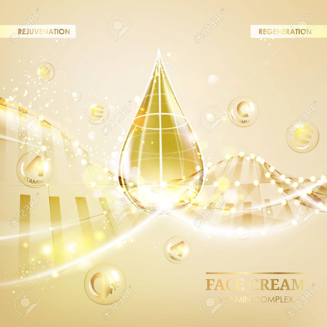 Regenerate face cream and Vitamin complex concept. Shining golden essence droplet. Vitamin E drop in form of sphere. Beauty skin care design over golden backdrop. Vector illustration. - 60175705 Regenerate face cream and Vitamin complex concept. Shining golden essence droplet. Vitamin E drop in form of sphere. Beauty skin care design over golden backdrop. Vector illustration. - 60175705