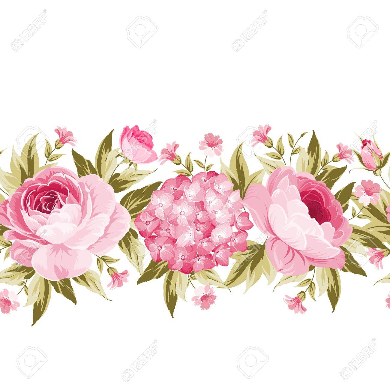 ビンテージ スタイルとクリア テキスト スペースで花の咲く春との国境 白で分離されたビンテージ スタイルの花のライン 花の招待状 ベクトルの図 の イラスト素材 ベクタ Image