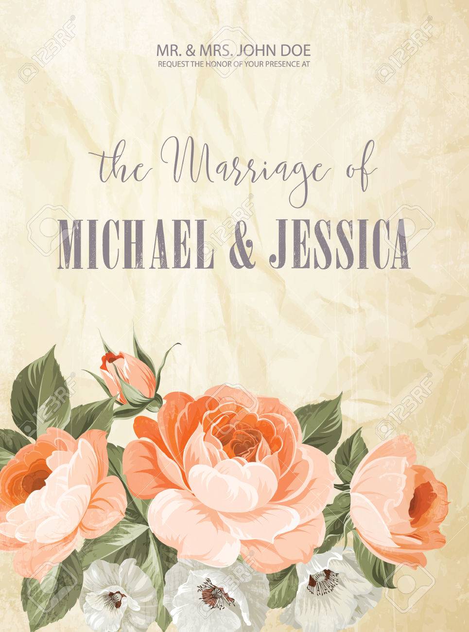結婚カード 結婚式の招待カードのテンプレートです 古い紙の背景にカスタムのサインと花フレーム結婚招待状 招待状の縦型のカード のイラスト素材 ベクタ Image