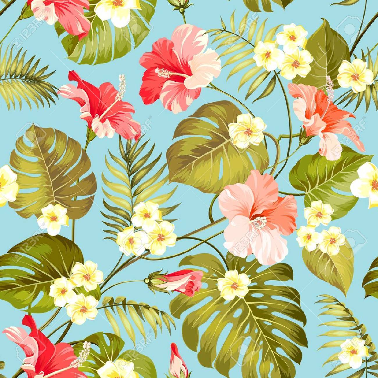 Tropical plumeria and jungle palms. Beautiful fabric pattern with a tropical flowers isolated over blue background. Seamless texture. Vector illustration. - 67735842 Tropical plumeria and jungle palms. Beautiful fabric pattern with a tropical flowers isolated over blue background. Seamless texture. Vector illustration. - 67735842
