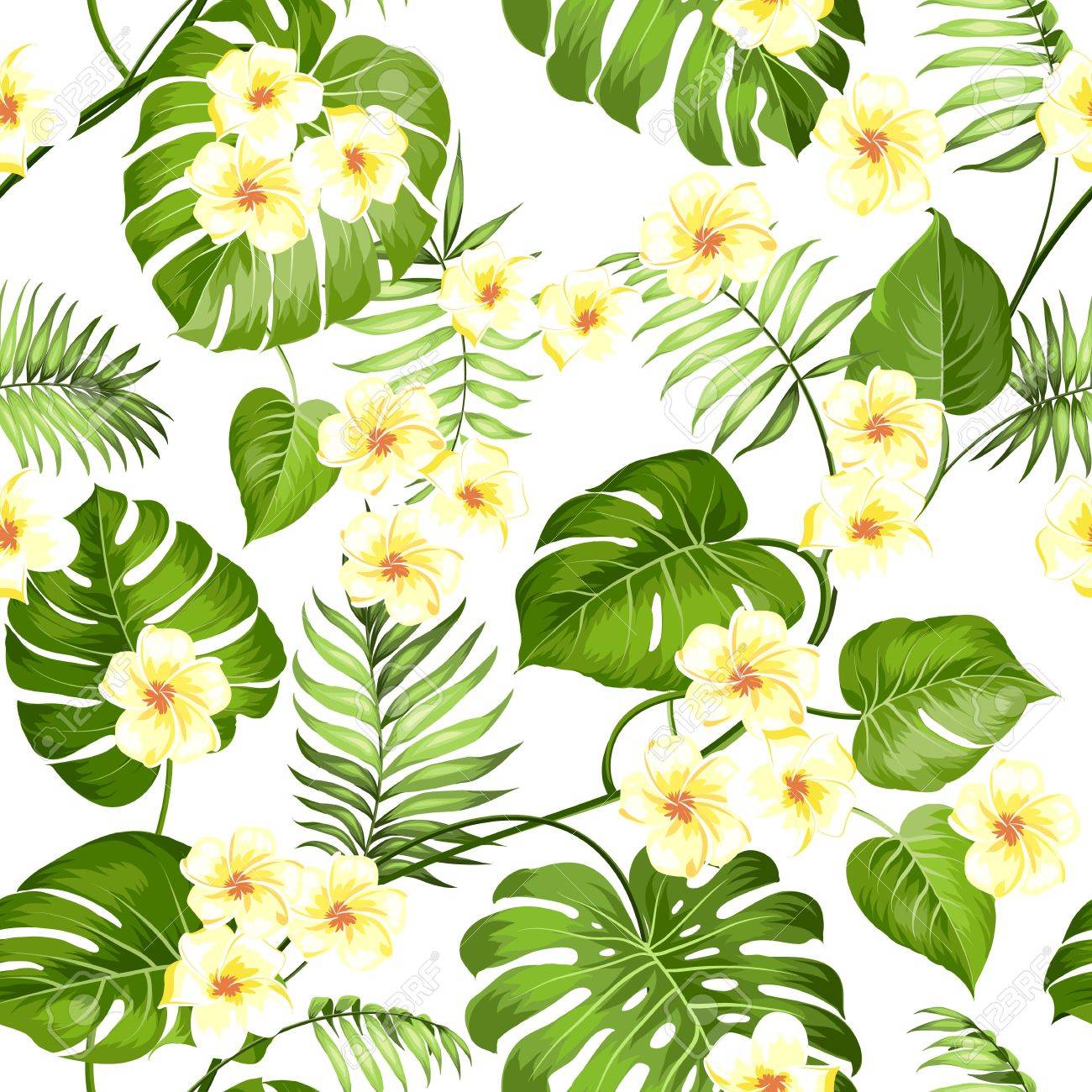 seamless tropical flower plumeria flowers and jungle palms