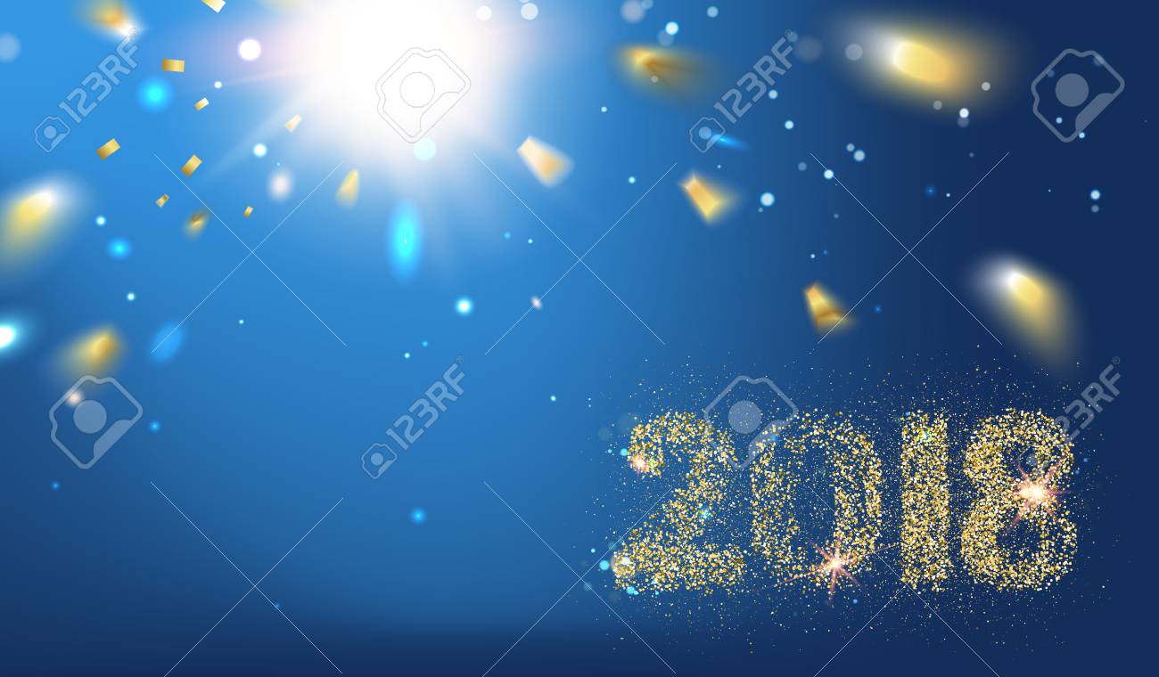 2018 New year background. Holiday label with fallen golden glitter confetti over blue backdrop. Calendar design template. - 84803181 2018 New year background. Holiday label with fallen golden glitter confetti over blue backdrop. Calendar design template. - 84803181