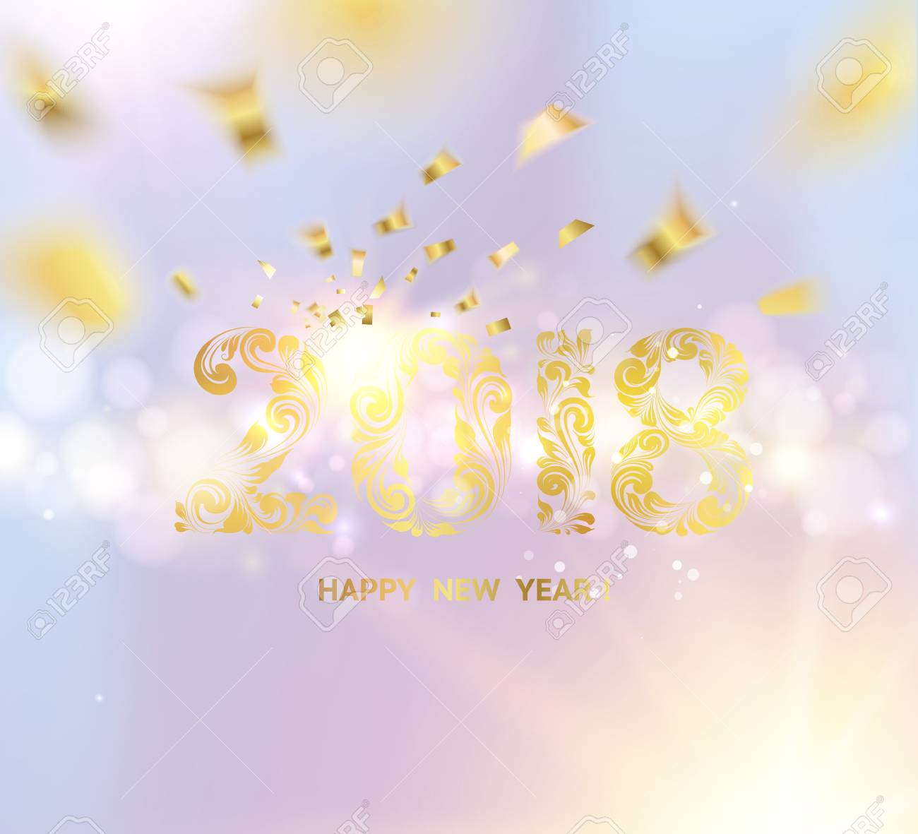 happy new year card over gray background with golden sparks