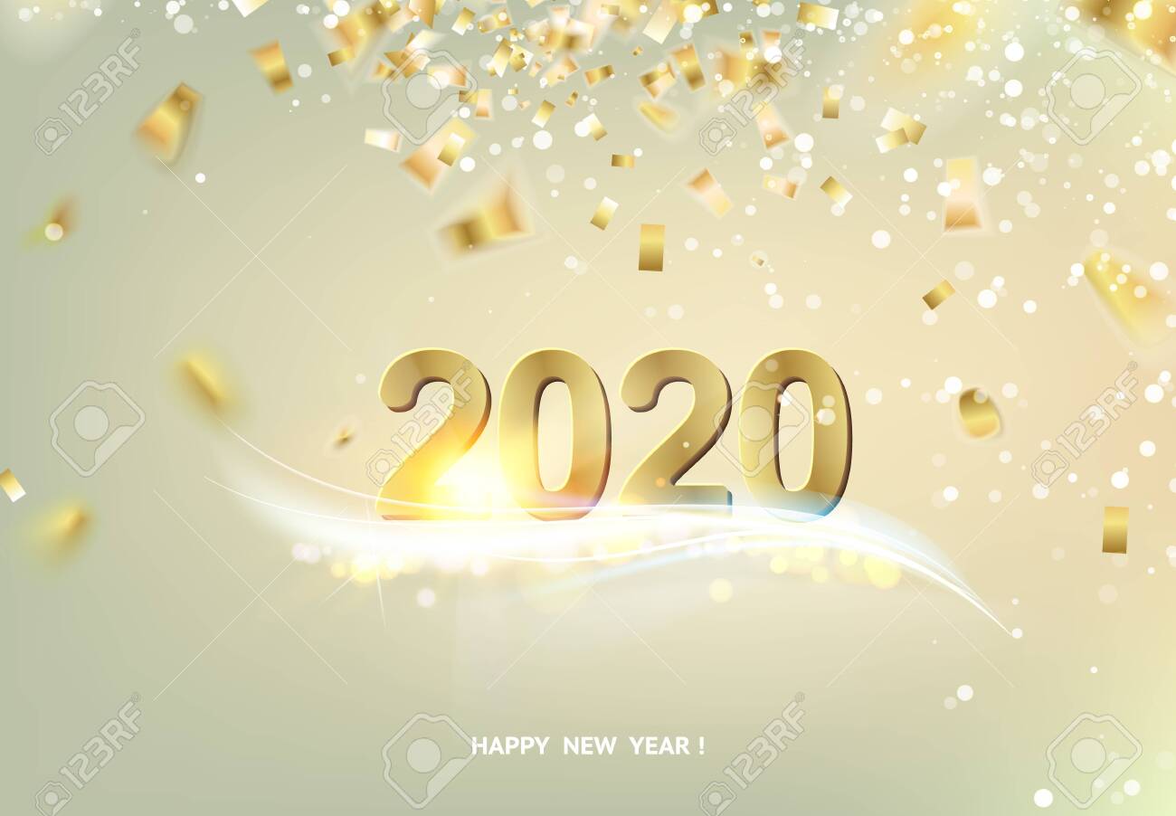 Happy new year card over gray background with golden confetti. Text sign 2020 year. Vector illustration. - 128488553 Happy new year card over gray background with golden confetti. Text sign 2020 year. Vector illustration. - 128488553