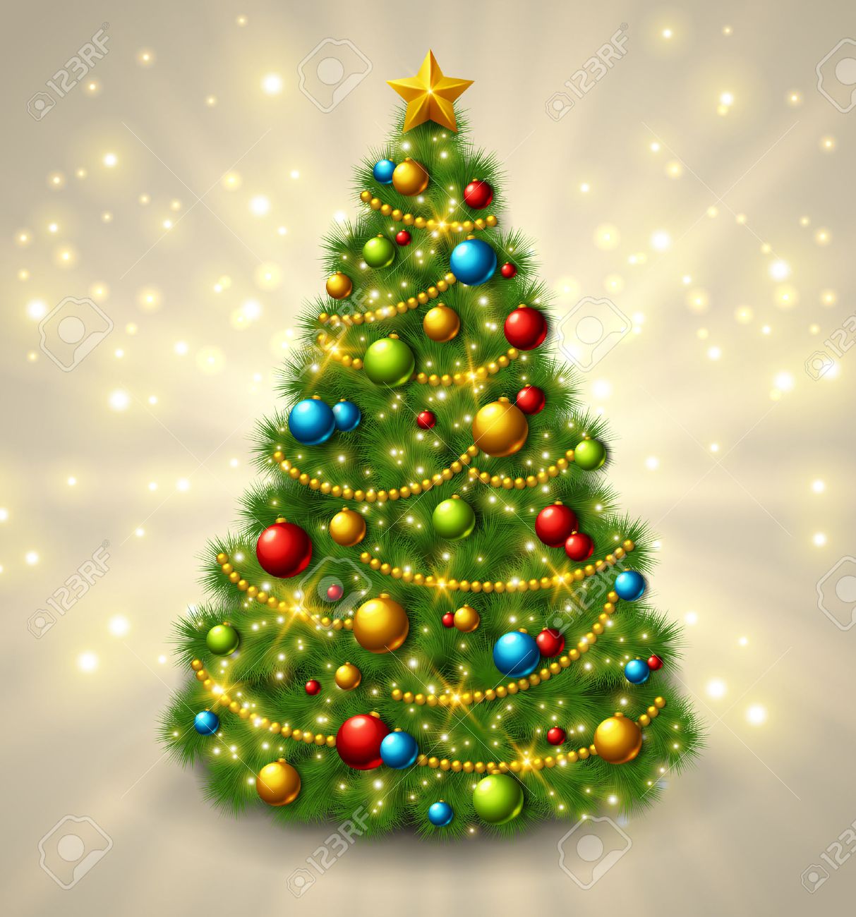 christmas tree with colorful baubles and gold star on the top vector illustration glowing - Arbol De Navidad christmas tree with colorful baubles and gold star on the top vector illustration glowing - Arbol De Navidad