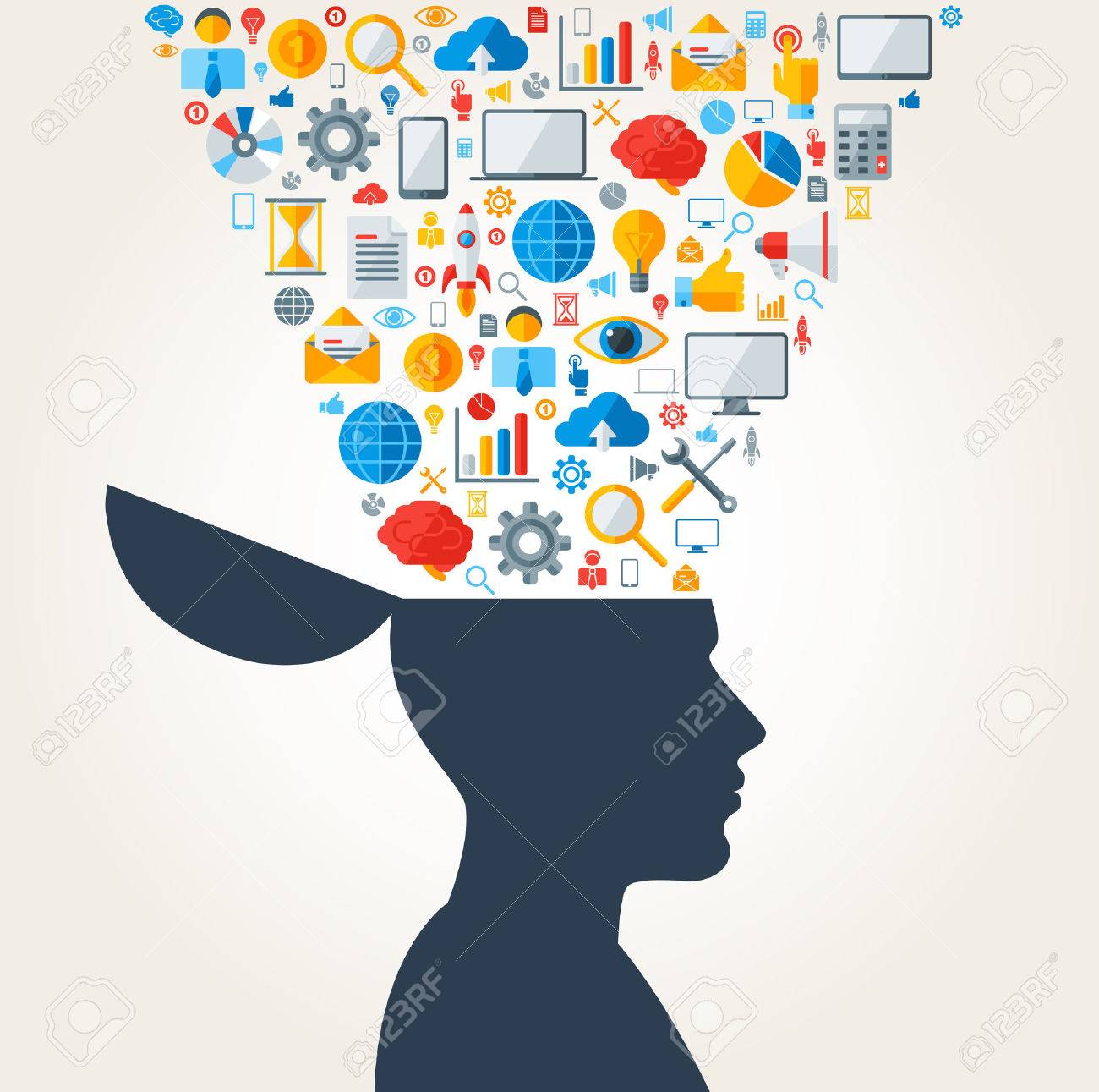 事業開発の創造的な概念 ベクトルの図 ビジネスのアイコンとシンボルを頭の中で男のシルエット ブレーンストーミング プロセス ビジネス発想 のイラスト素材 ベクタ Image