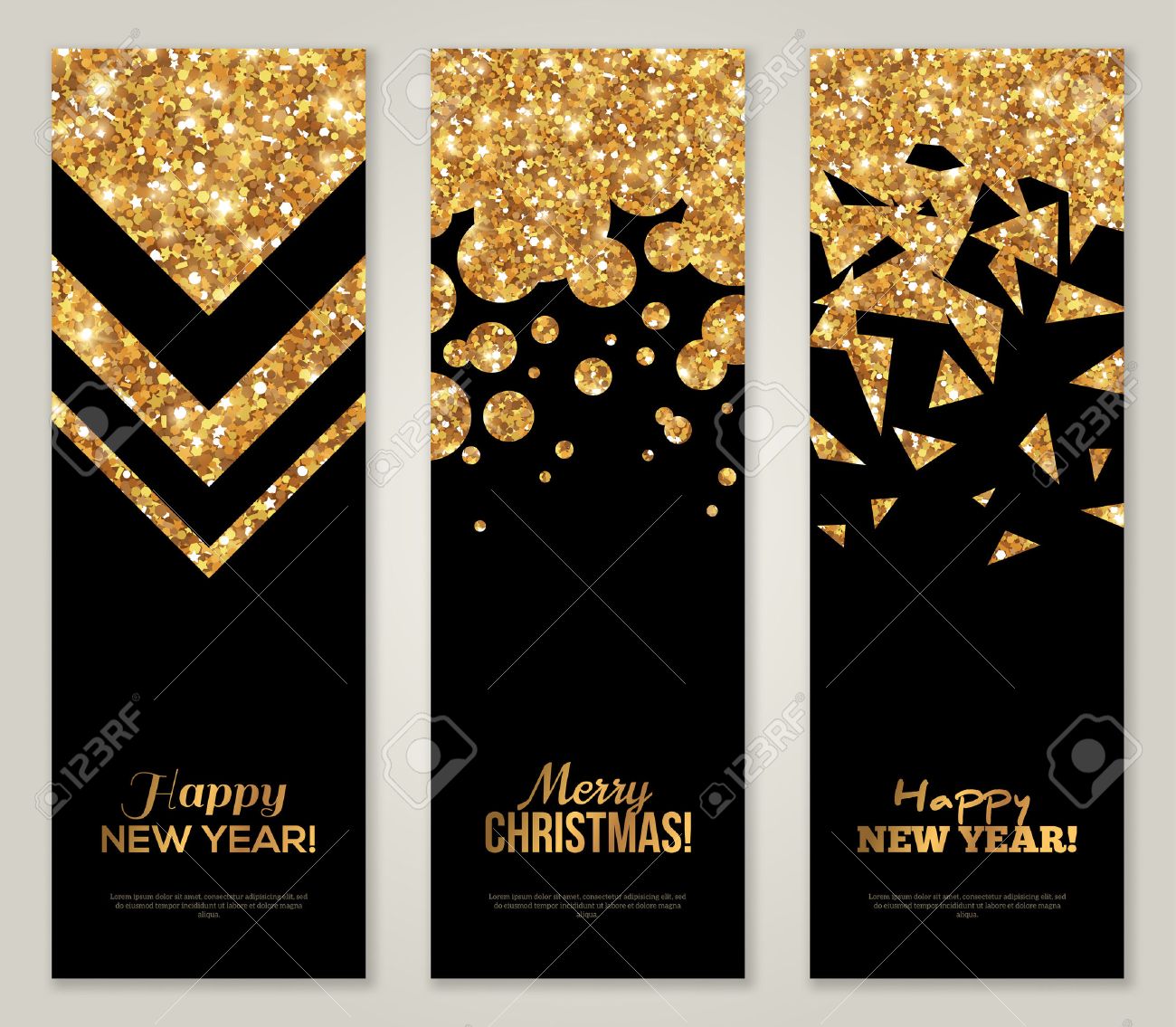 vertical back and gold banners set greeting card design golden foil design