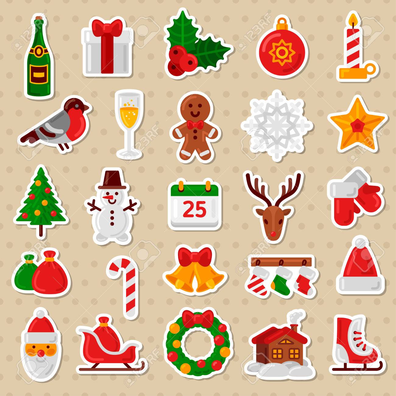 Merry Christmas Flat Icons Vector Illustration Happy New Year Stickers Candy Cane
