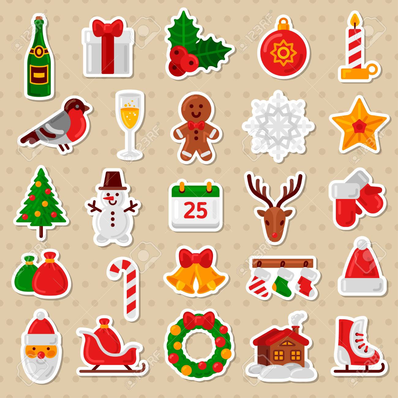 Merry Christmas Flat Icons Vector Illustration Happy New Year Stickers Candy Cane