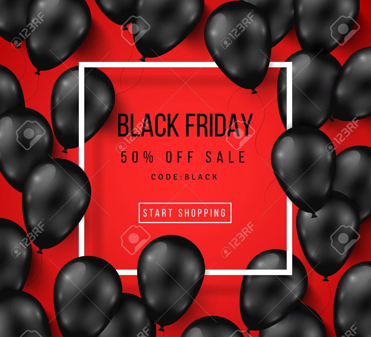 Black Friday Sale Poster with Shiny Balloons on Red Background with Square Frame. illustration. - 63127014 Black Friday Sale Poster with Shiny Balloons on Red Background with Square Frame. illustration. - 63127014