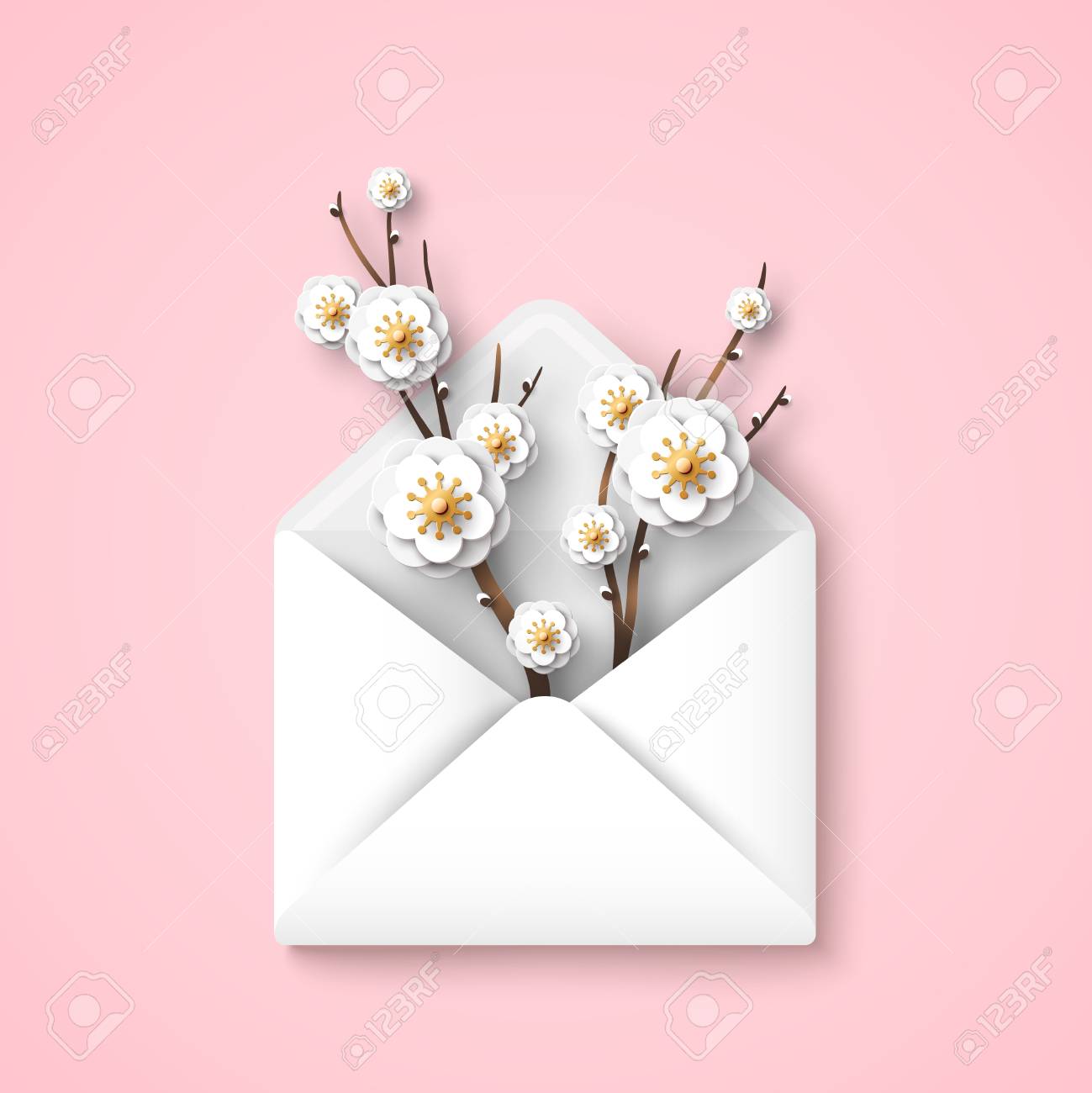 Envelope with blooming branches, white flowers on pink background. Vector illustration. Hello spring concept, top view. Happy Mothers Day gift. - 117009136 Envelope with blooming branches, white flowers on pink background. Vector illustration. Hello spring concept, top view. Happy Mothers Day gift. - 117009136