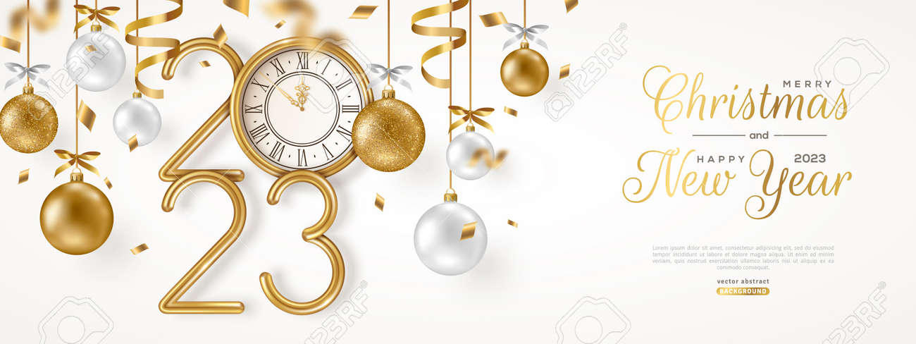 Feliz natal e feliz ano novo banner com ouro pendurado e branco 3d baubles, confete e 2023 números. ilustração vetorial. decorações de férias de inverno, relógio vintage dourado. lugar para o texto - 190456128 Feliz natal e feliz ano novo banner com ouro pendurado e branco 3d baubles, confete e 2023 números. ilustração vetorial. decorações de férias de inverno, relógio vintage dourado. lugar para o texto - 190456128