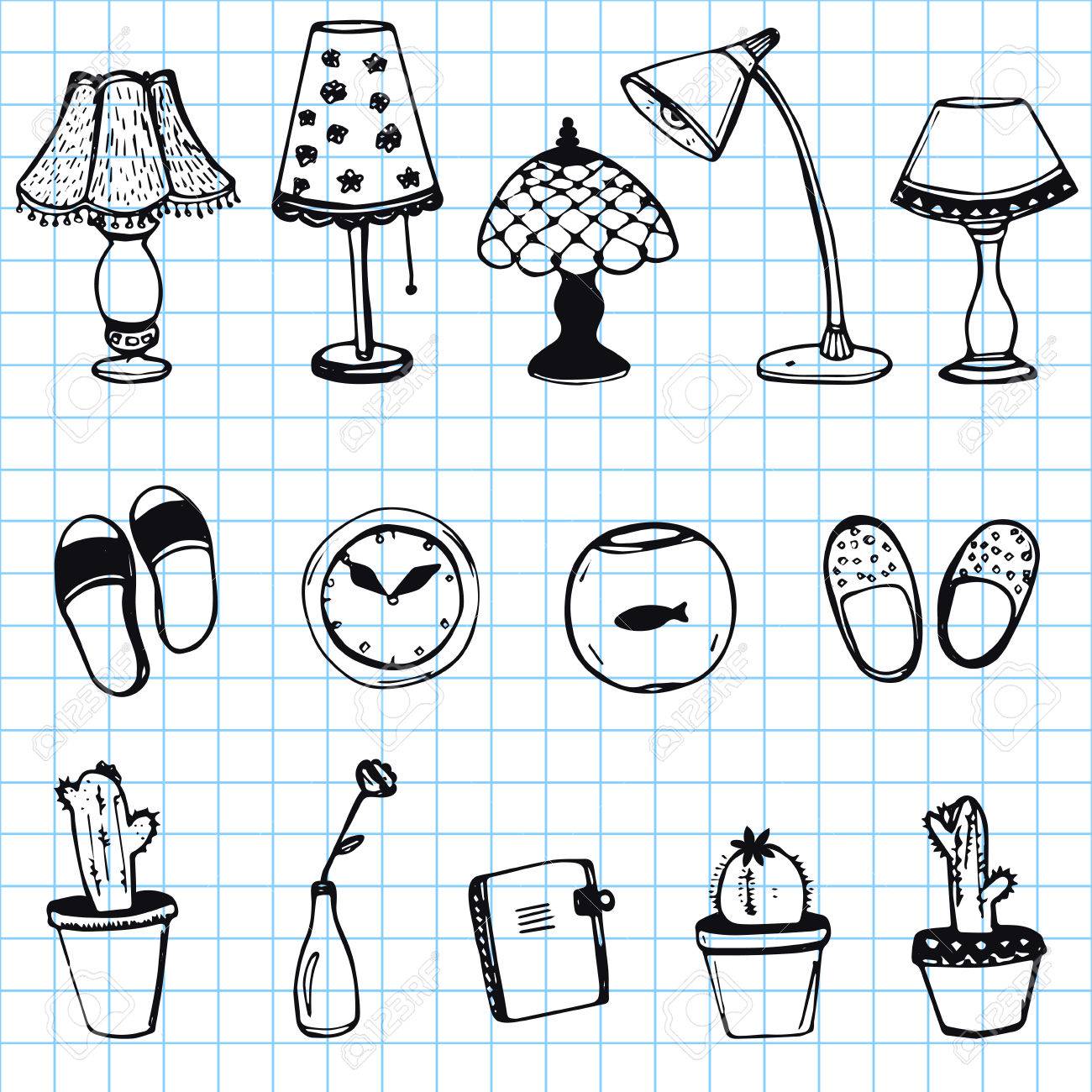 Set Of Hand Drawn Home Items Doodle Icons On Notebook Paper ... Set Of Hand Drawn Home Items Doodle Icons On Notebook Paper ...