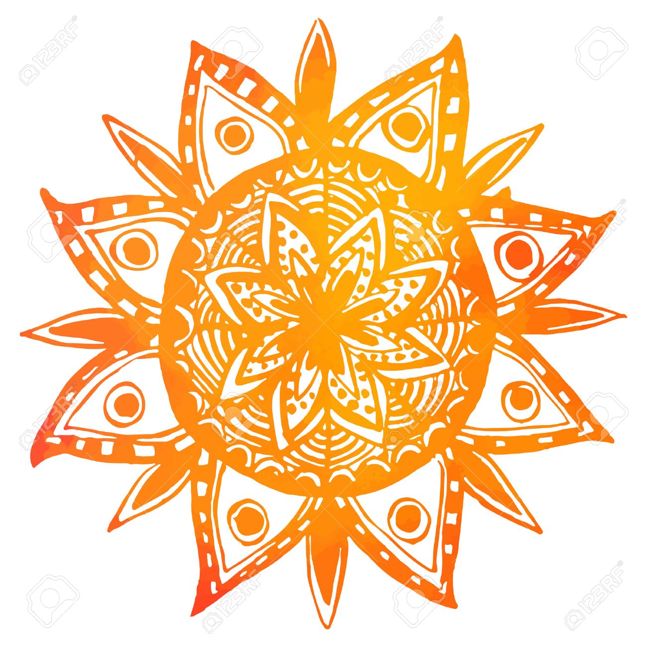 hand drawn orange watercolor tribal sun vector indian mandala