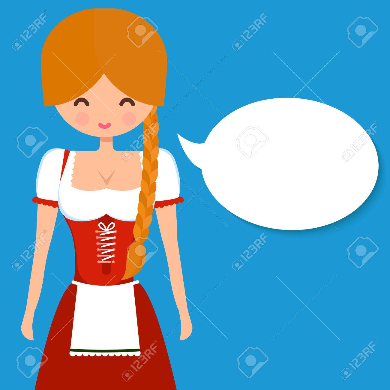 ドイツの伝統的な衣装ディアンドル ピグテールと空白の吹き出しでかわいいブロンドの女の子 オクトーバーフェスト ビール バー設計ベクトル フラット キャラ イラスト のイラスト素材 ベクタ Image