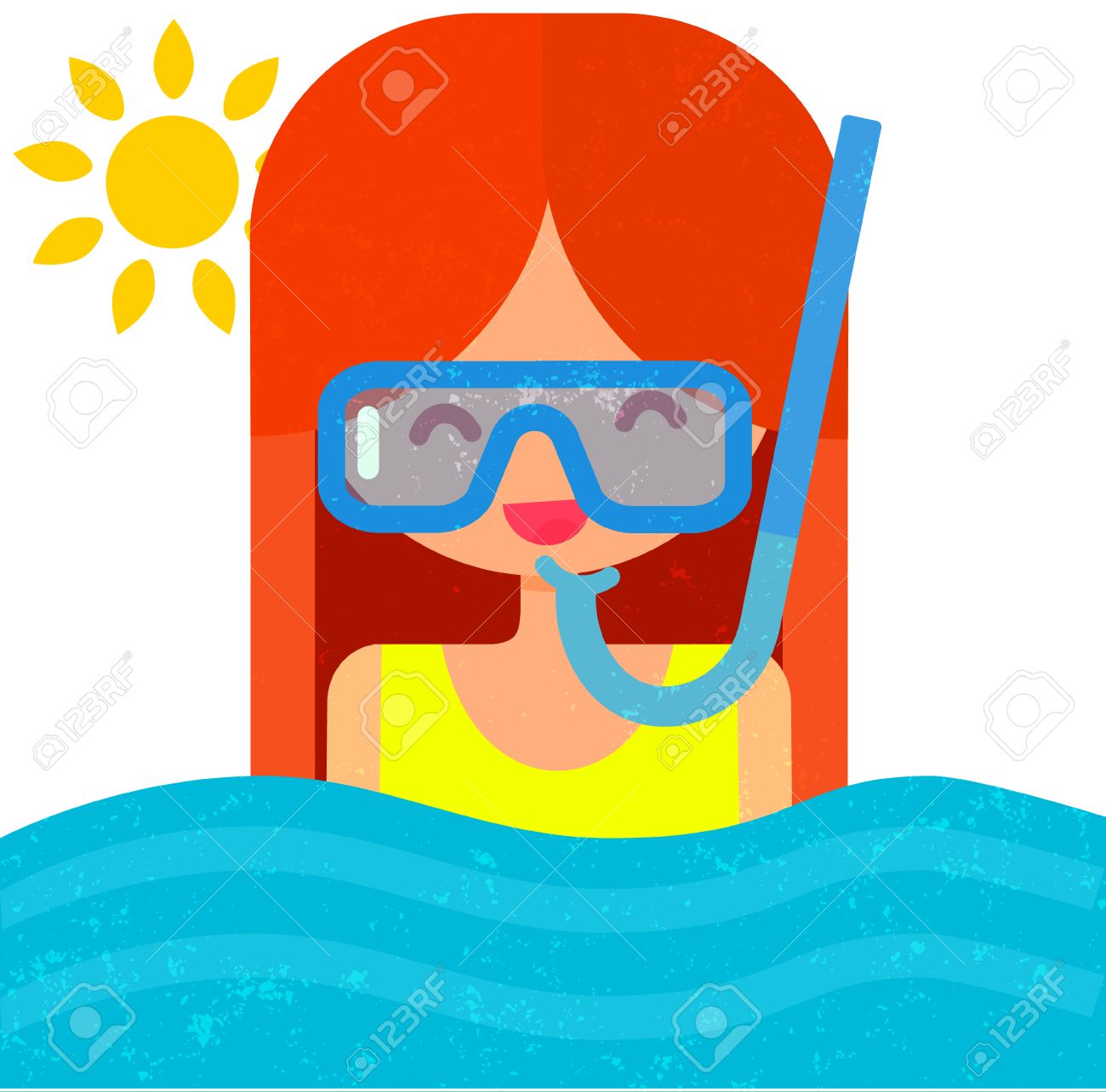 シュノーケルとダイビングのマスクの幸せな女の子 青い水で泳ぐ かわいいキャラクターと夏フラット ベクトル イラスト のイラスト素材 ベクタ Image