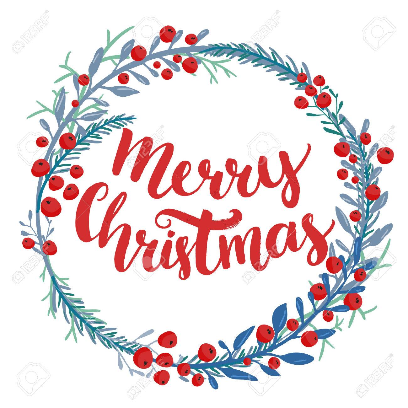 merry christmas type in wreath frame custom brush lettering