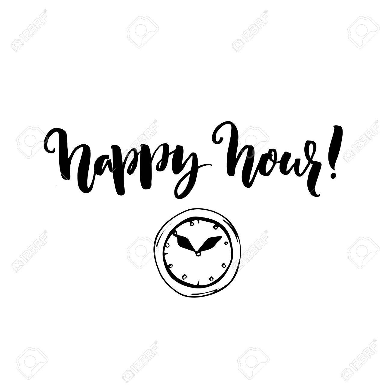Happy hour . Brush lettering and clock. typography for bars. cafe and restaurants. - 53973395 Happy hour . Brush lettering and clock. typography for bars. cafe and restaurants. - 53973395