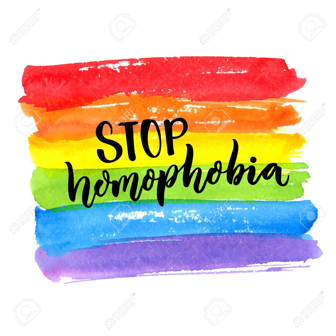 Stop homophobia. Gay pride slogan. Handwritten text on rainbow watercolor texture. Vector design - 60316408 Stop homophobia. Gay pride slogan. Handwritten text on rainbow watercolor texture. Vector design - 60316408