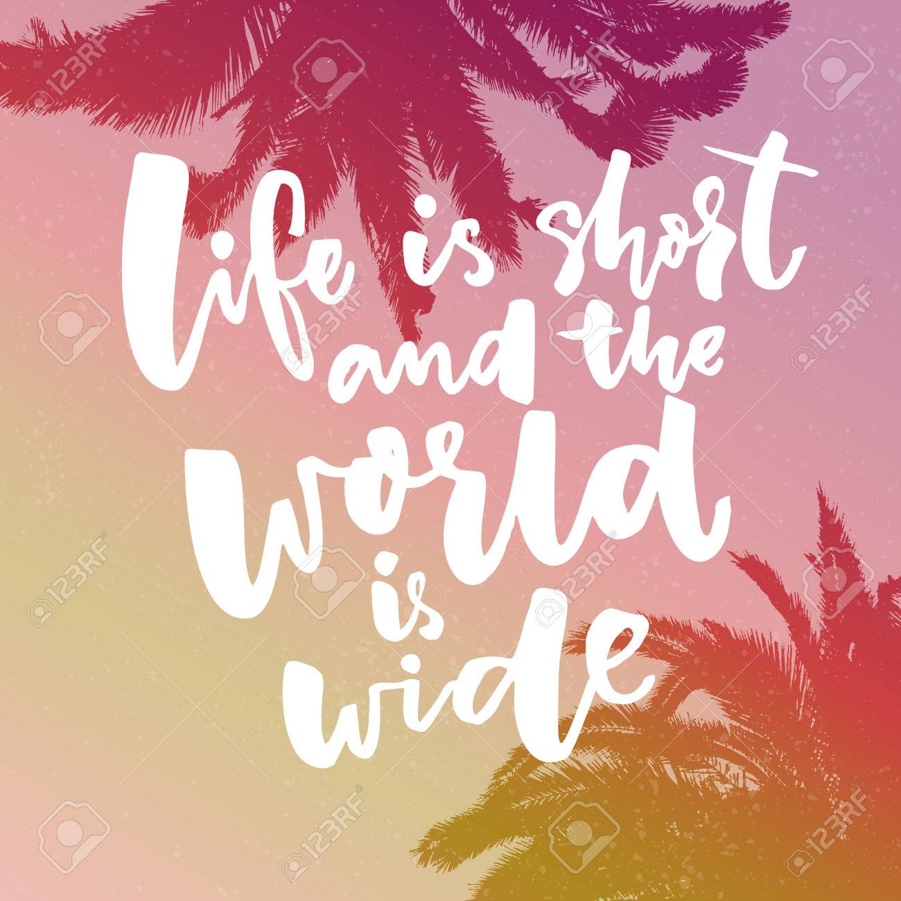 人生は短い 世界は広い ヤシの木とピンクのグラデーション背景に旅行について言っているインスピレーションのイラスト素材 ベクタ Image