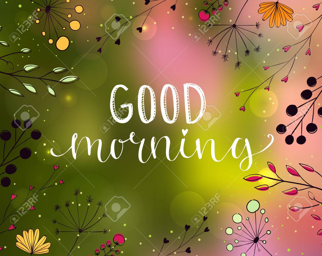 Good Morning Typography At Blurred Green And Pink Background With ...