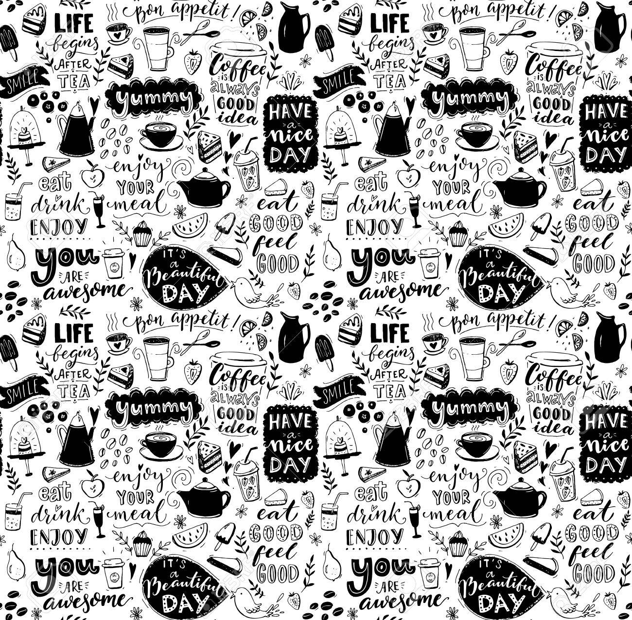 カフェ シームレス パターン 手には 紅茶 コーヒー鍋 デザートおよび心に強く訴えるキャプションが描画されます メニュー カバー デザイン 壁紙 のステンシル 黒と白のタイポグラフィの背景 のイラスト素材 ベクタ Image