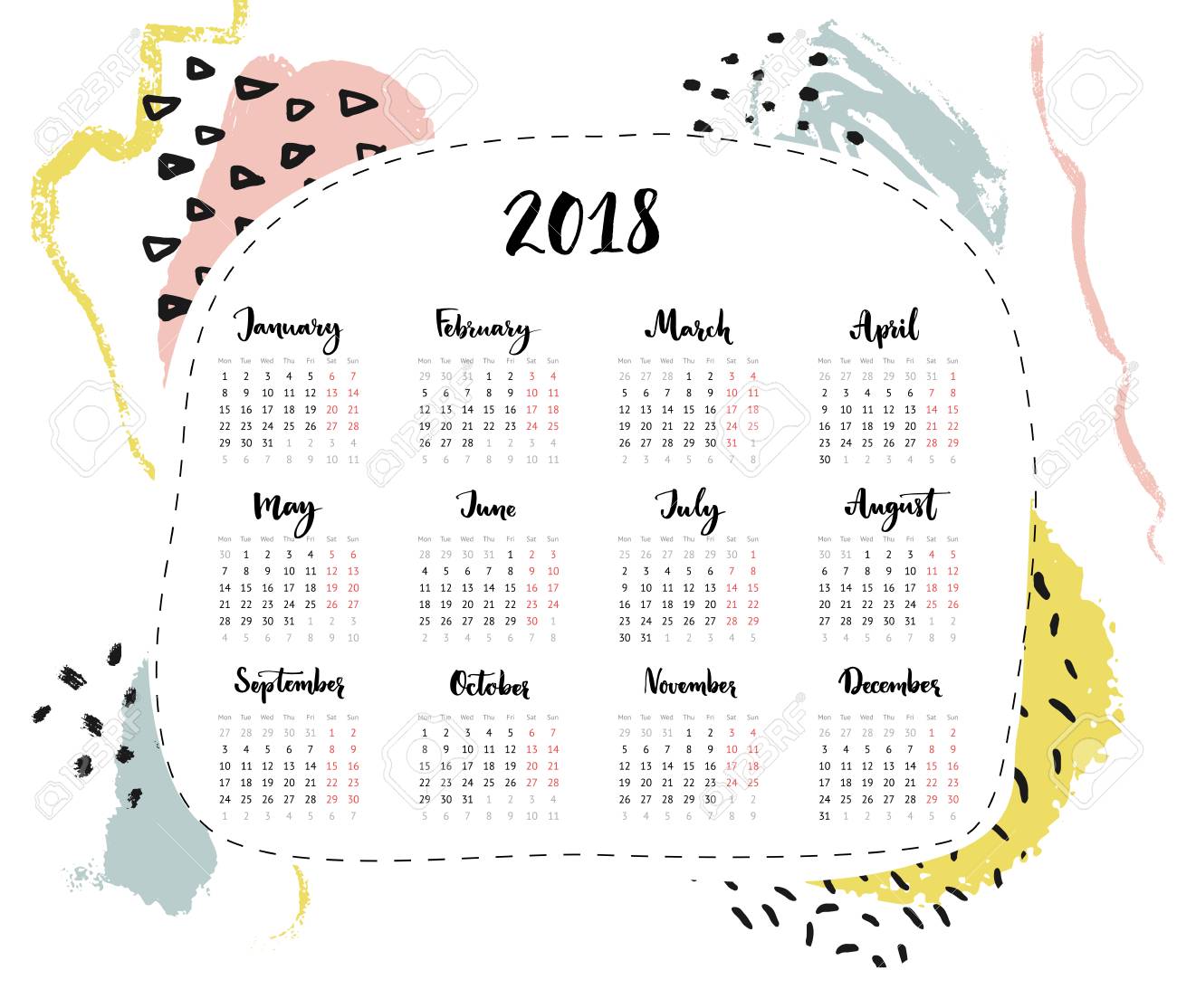 one page 2018 calendar 4 columns with calligraphy written month calendar one page