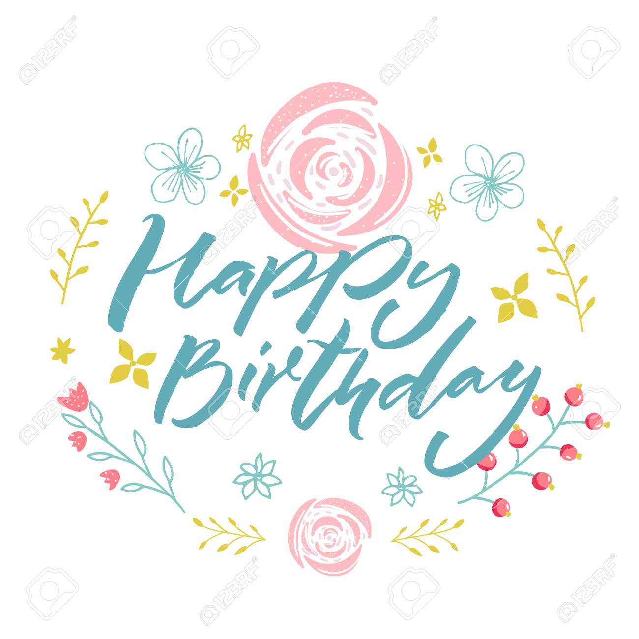 Happy Birthday - blue text in floral wreath with pink flowers and branches. Greeting card template. - 97541106 Happy Birthday - blue text in floral wreath with pink flowers and branches. Greeting card template. - 97541106