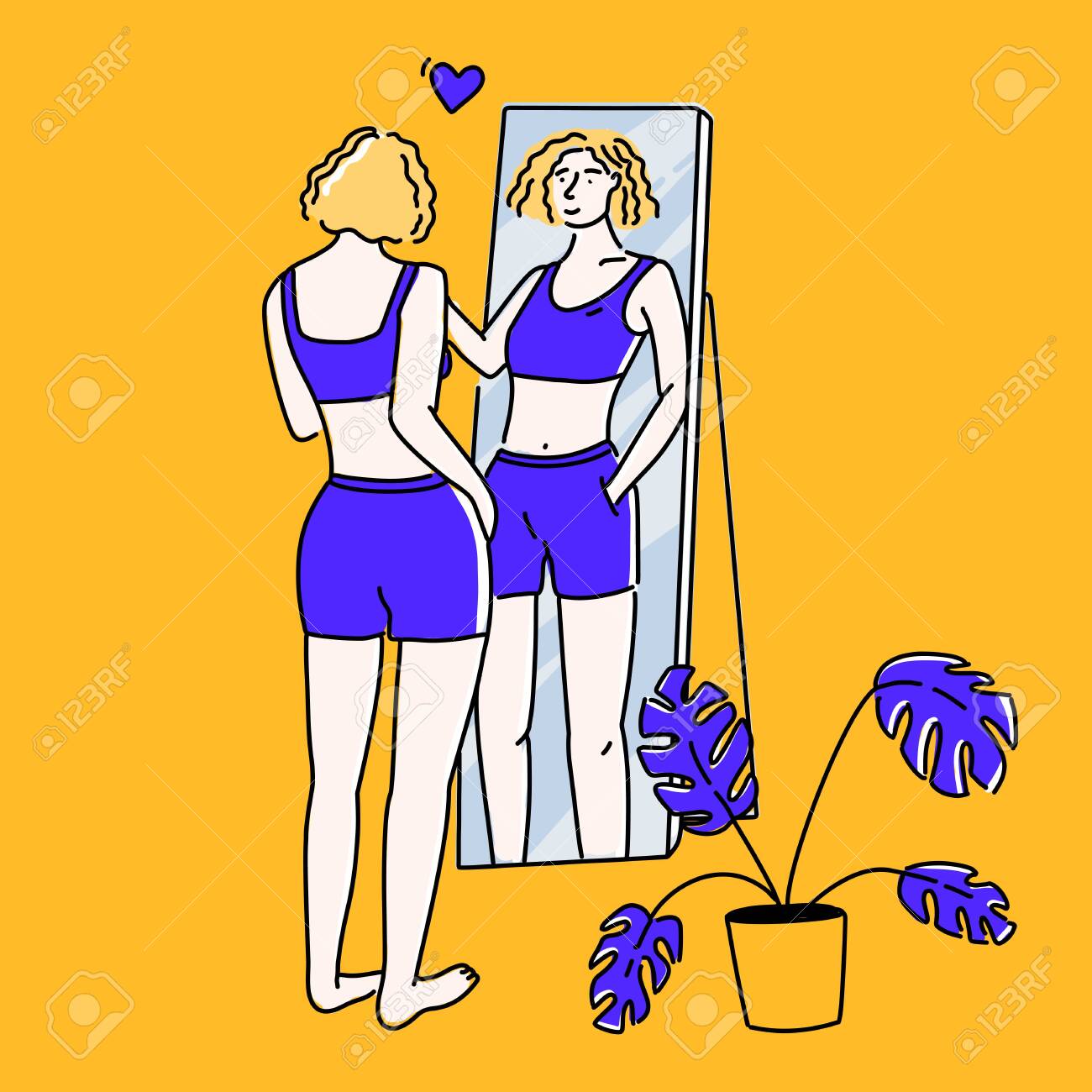 Woman Reflection In Standing Mirror Hand On Shoulder Self Support Royalty Free Cliparts Vectors And Stock Illustration Image