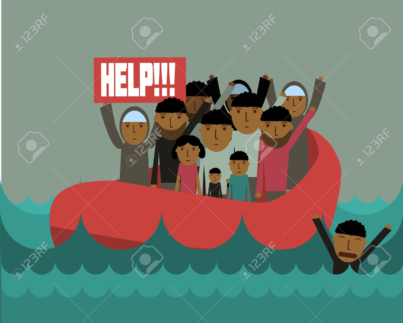 Syrian refugees on boat. Syrian crisis. tragedy of refugees. Civil war in Syria Stock Vector - 44814139