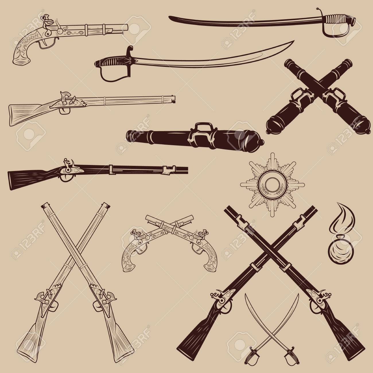 武器デザイン要素のセットです 古代の武器 斧 剣 サーベル グレネードのイラスト素材 ベクタ Image