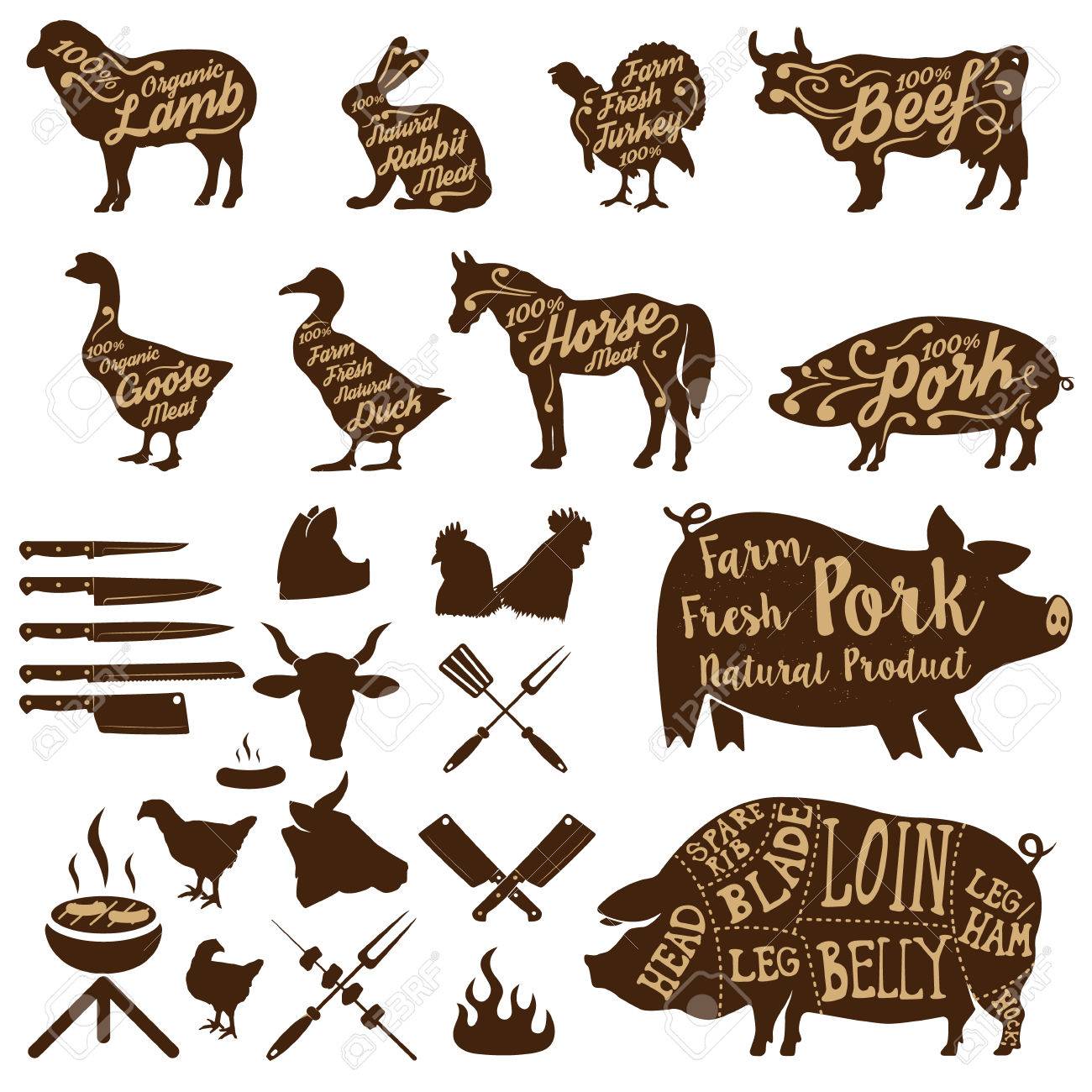 Set of farm animals labels. butcher tools. Fresh pork. Design elements for label, badge. illustrations. - 52546528 Set of farm animals labels. butcher tools. Fresh pork. Design elements for label, badge. illustrations. - 52546528