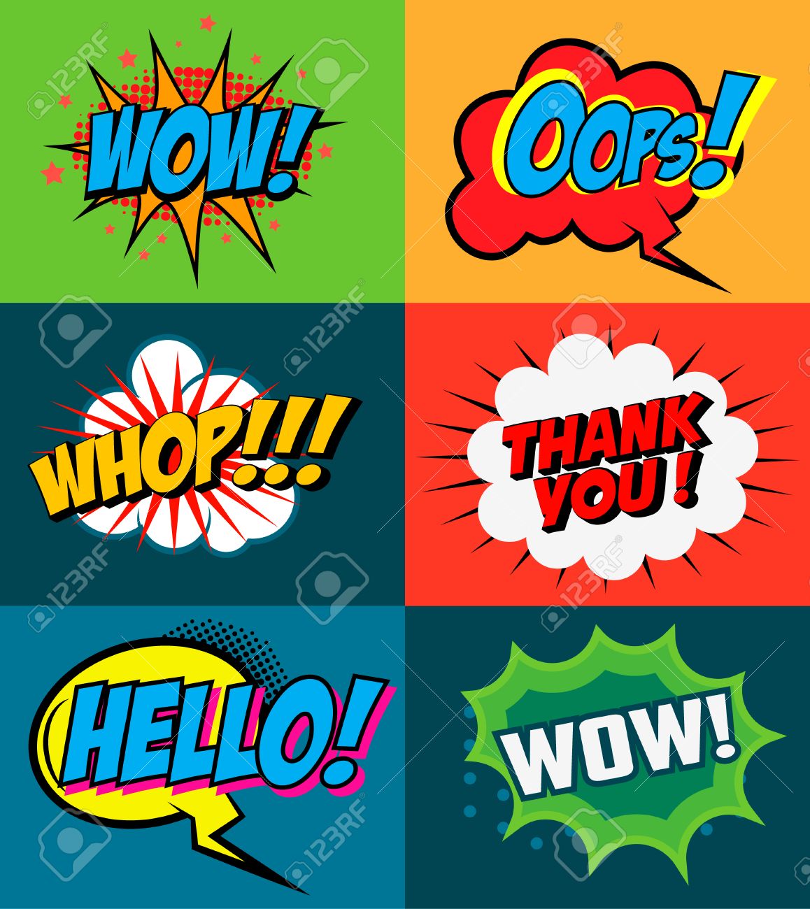 set of comic style phrases on colorful background pop art style pop art flyer