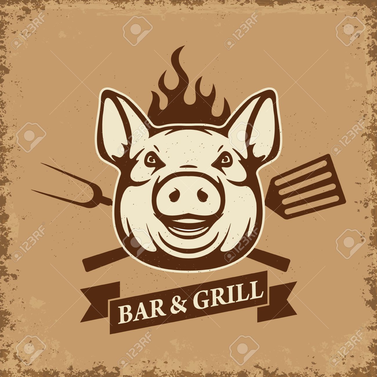 Bar and grill. Pig head with kitchen tools on grunge background. Design element for restaurant menu, poster. BBQ invitation card. Vector illustration. - 60506367 Bar and grill. Pig head with kitchen tools on grunge background. Design element for restaurant menu, poster. BBQ invitation card. Vector illustration. - 60506367