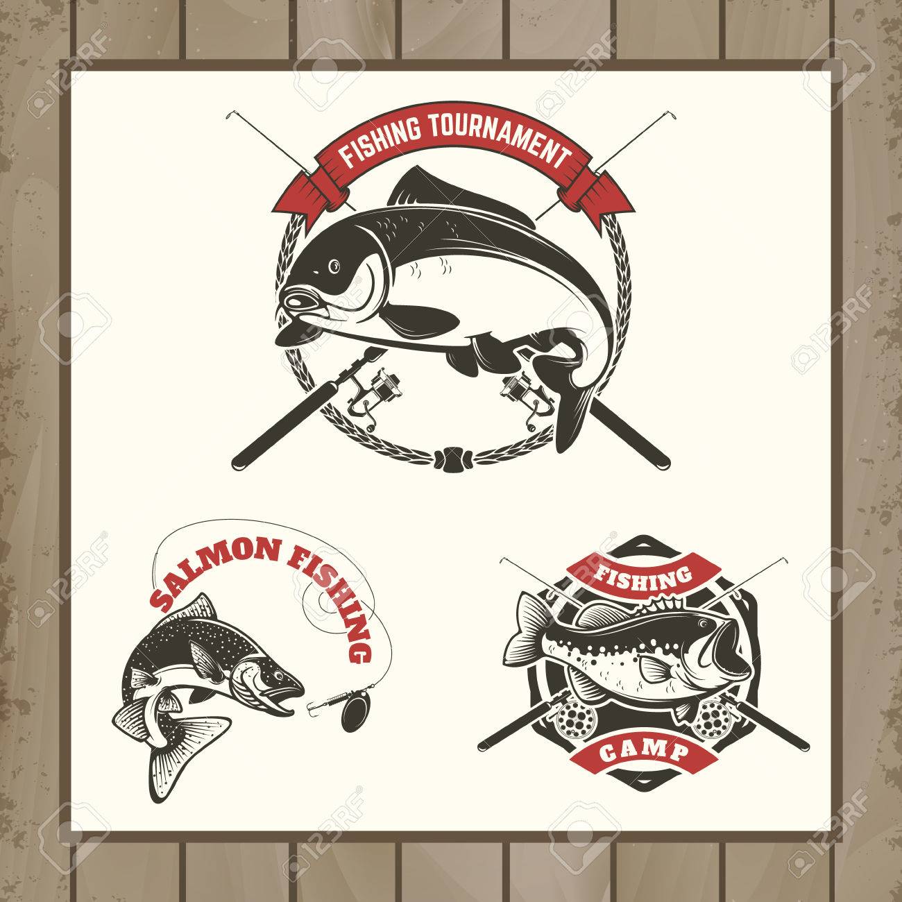 釣り大会のラベル 鯉釣り 鮭釣り 釣り スズキします ラベル エンブレム サイン ブランド マークの要素をデザインします イラスト のイラスト素材 ベクタ Image
