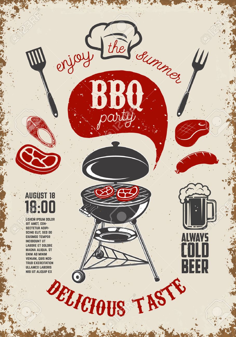 BBQ Party Dépliant Vintage Sur Fond Grunge. Grill Avec Des Affiche De Barbecue Vector Illustration. Griller Les Outils