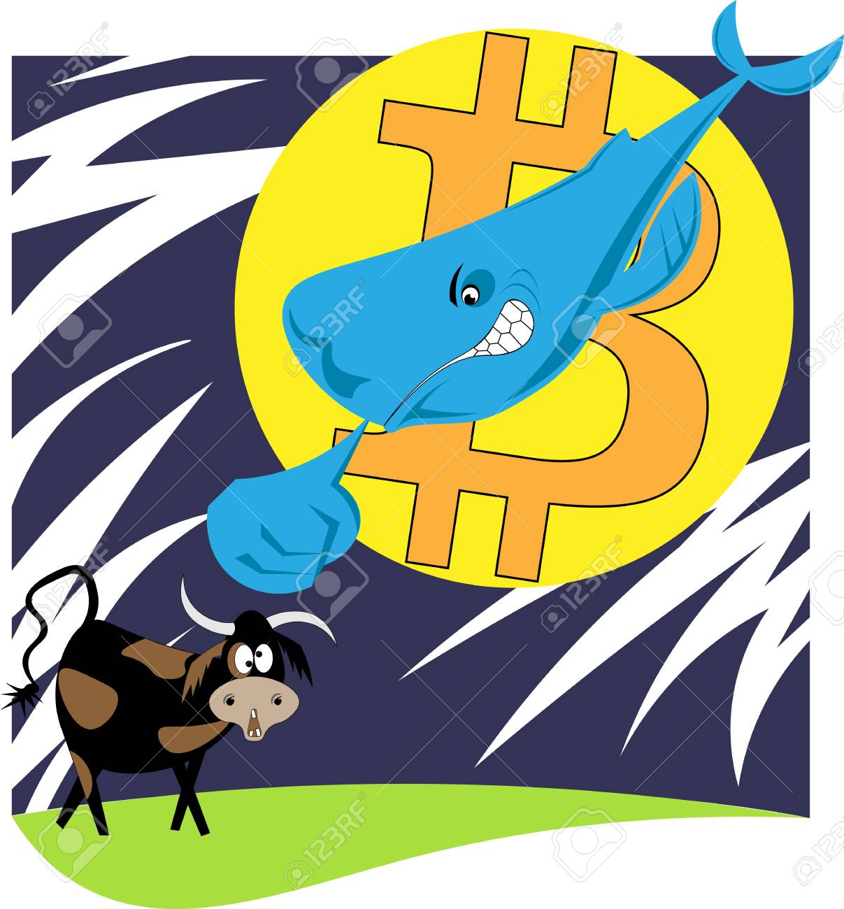 비트 코인 문을 배경으로 한 고래는 황소 암호 화폐를 공격합니다. 로열티 무료 사진, 그림, 이미지 그리고 스톡포토그래피. Image  97783650