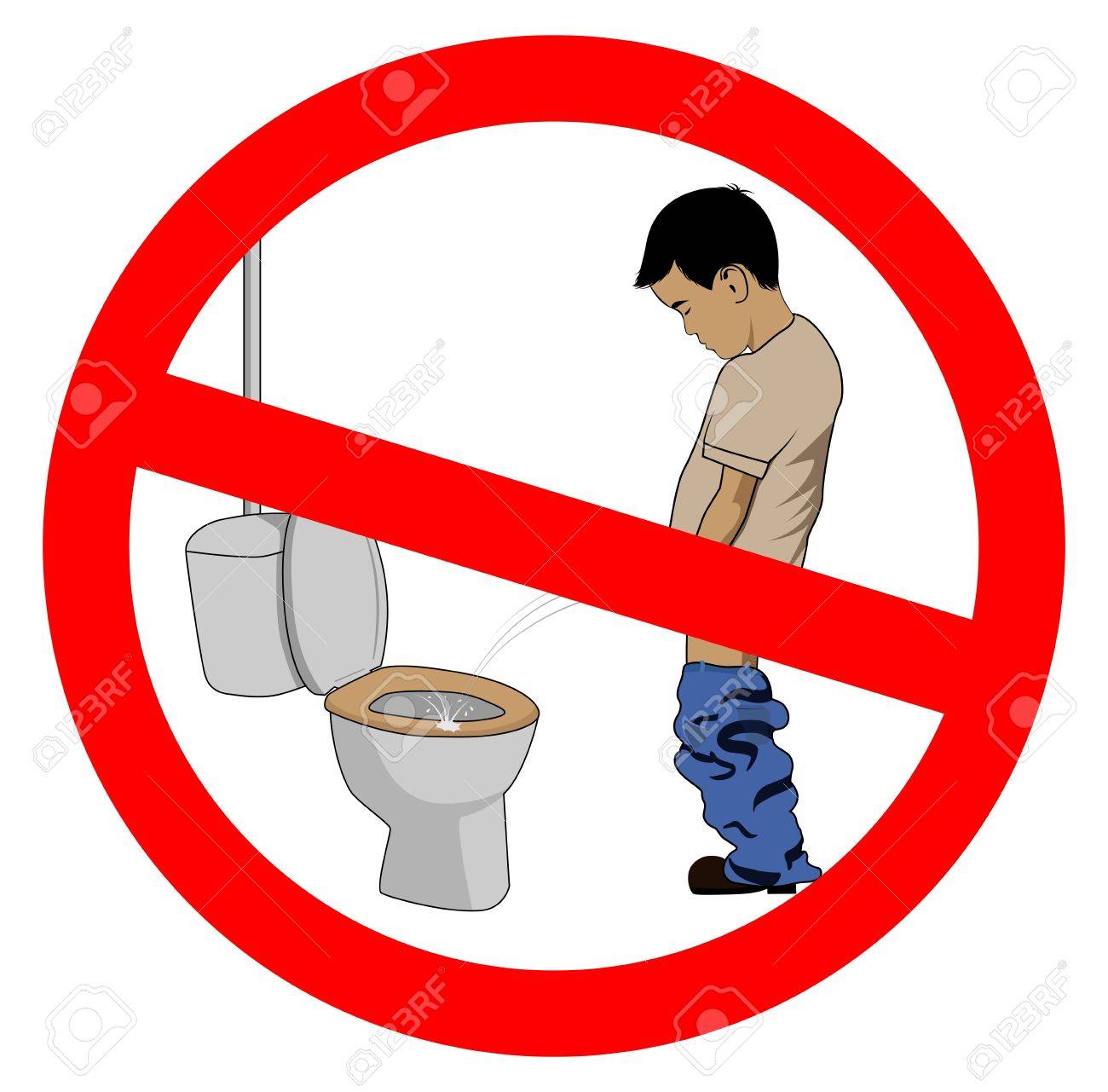 トイレの便座に放尿少年のユーモラスなイラスト のイラスト素材 ベクタ Image