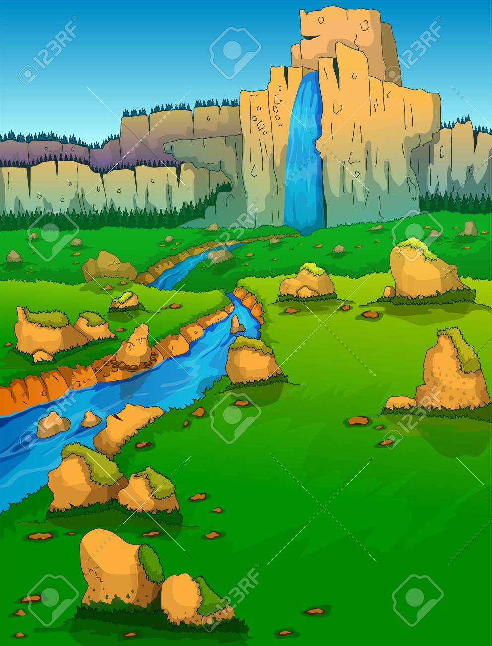 Mountain Range River And Green Valley Illustration のイラスト素材 ベクタ Image