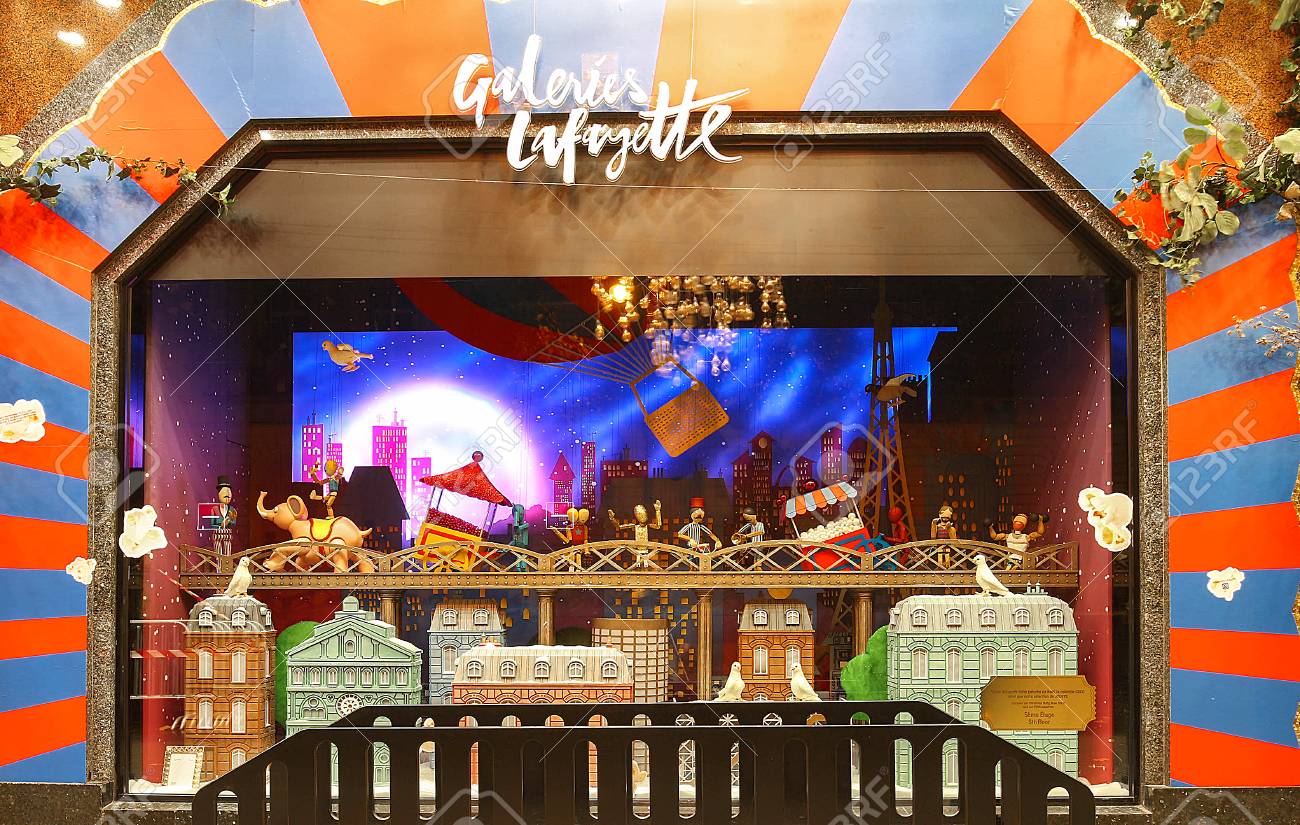 the christmas showcase of galeries lafayette shopping center paris