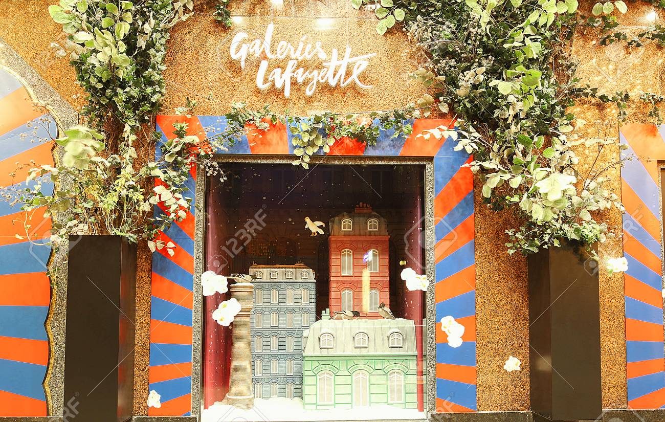 the christmas showcase of galeries lafayette shopping center paris