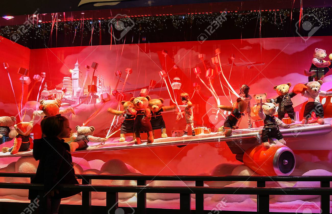 the christmas showcase of printemps shopping center paris france